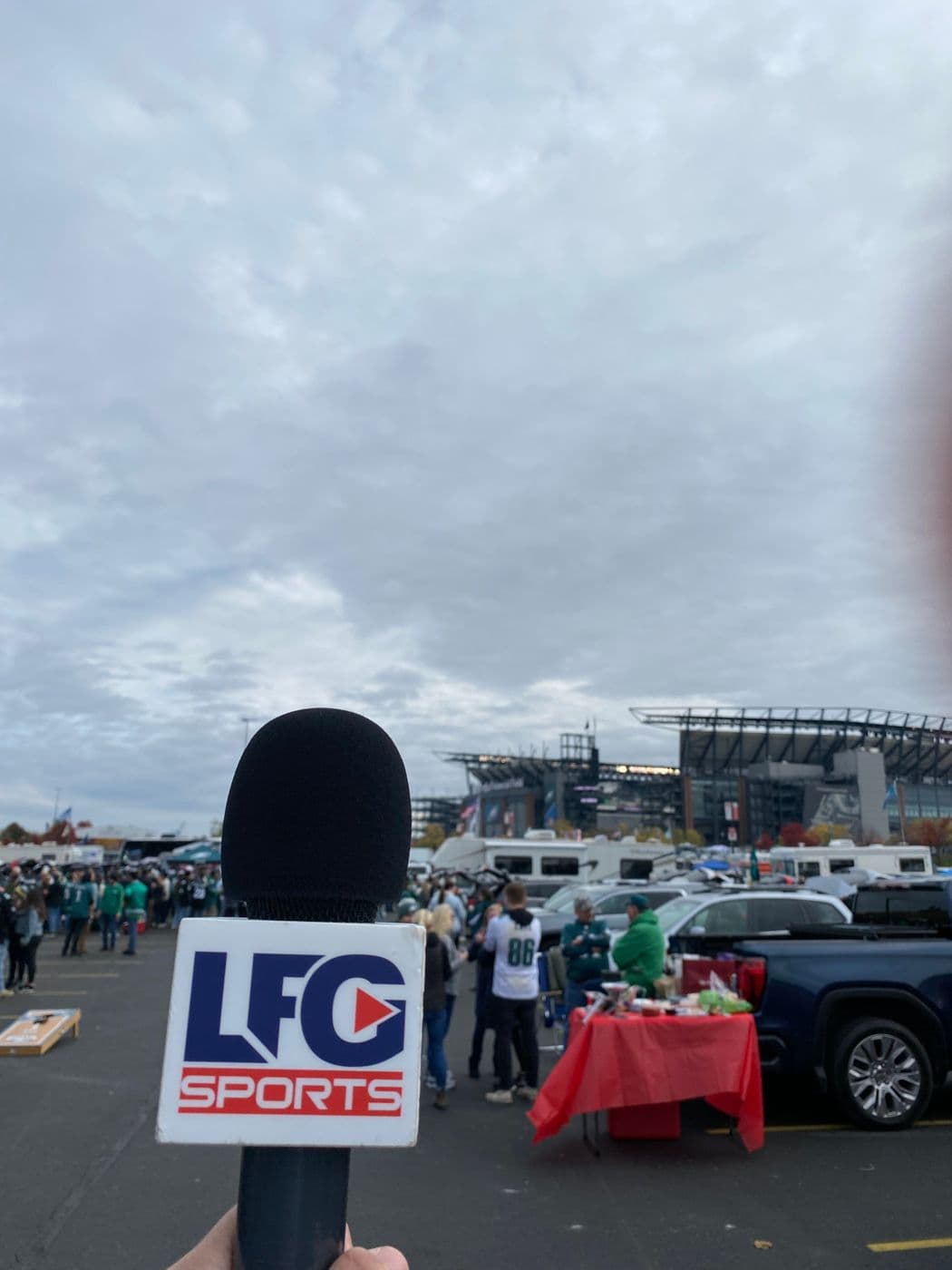 the lfg sports mic at an eagles tailgate