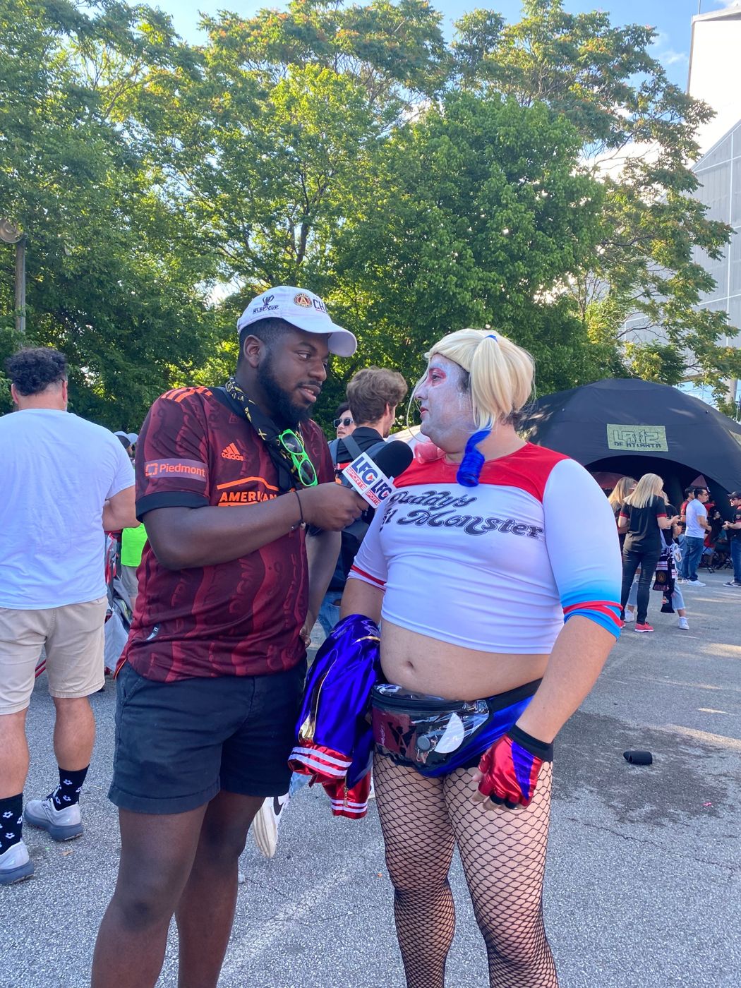an atlanta united fan in costume on the lfg mic