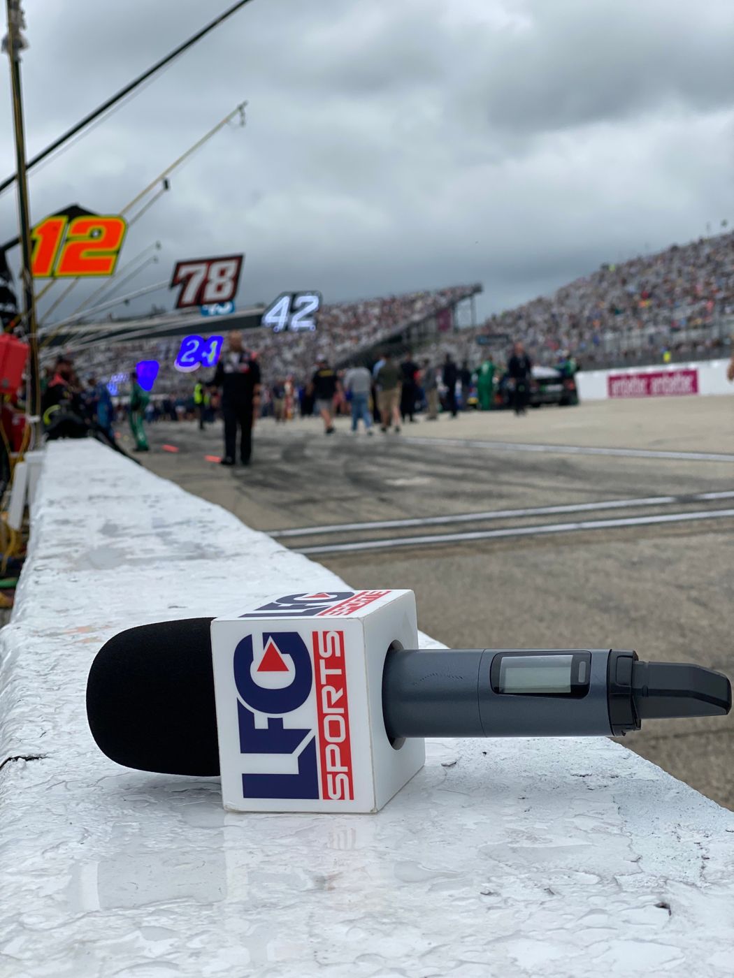 the lfg sports mic on the pit wall at a nascar race